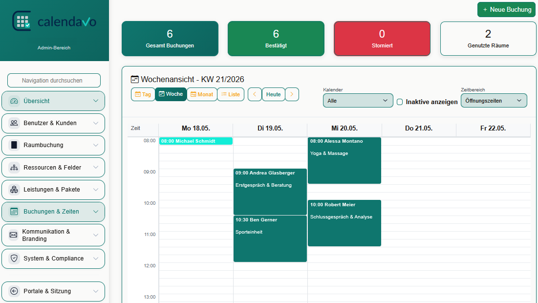 calendavo Admin-Übersicht mit Wochenansicht, Buchungen und Navigation